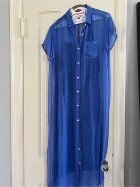 Steven Alan Sheer Maxi Shirt Dress in Blue Dot Print